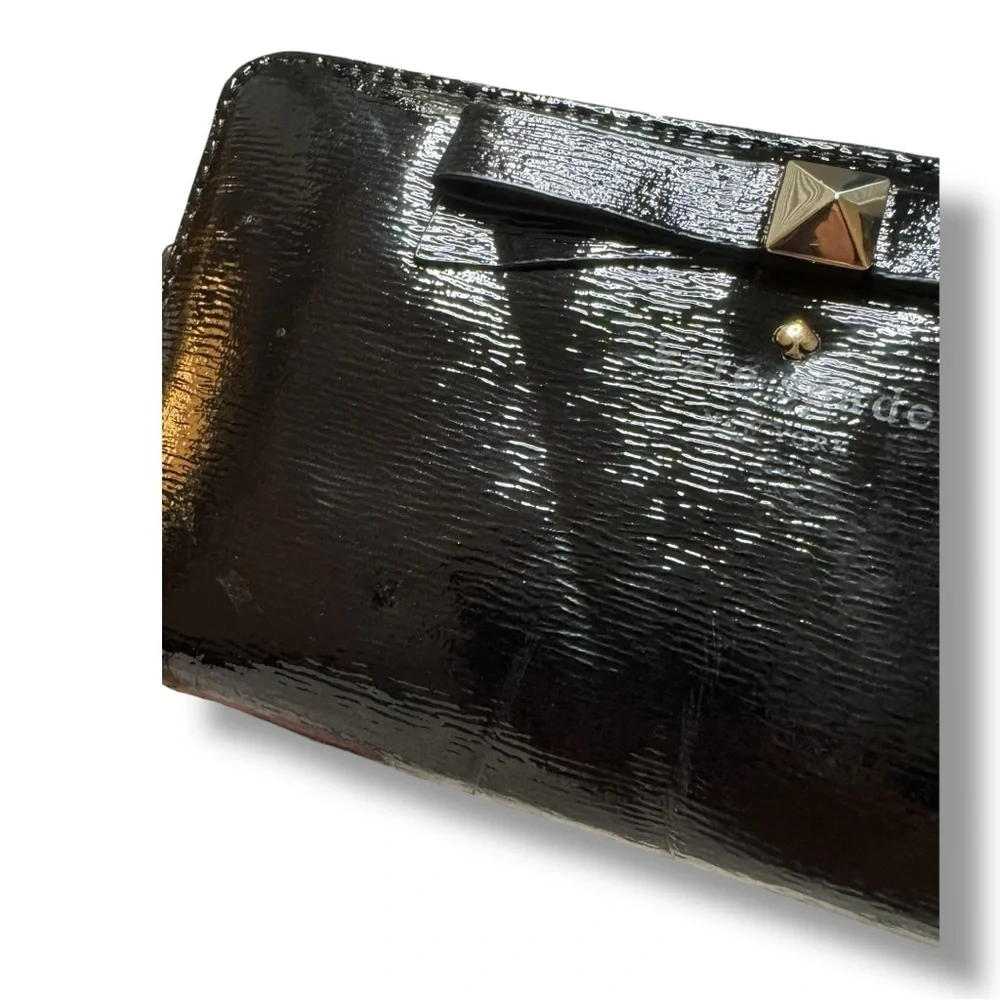 kate spade Black Patent Leather Bow Zip Wallet with Gold Accent